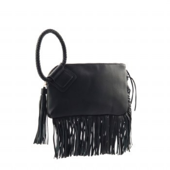 Handbags - Black Wristlet Clutch Bag with Tassels- for Women - Vegan
